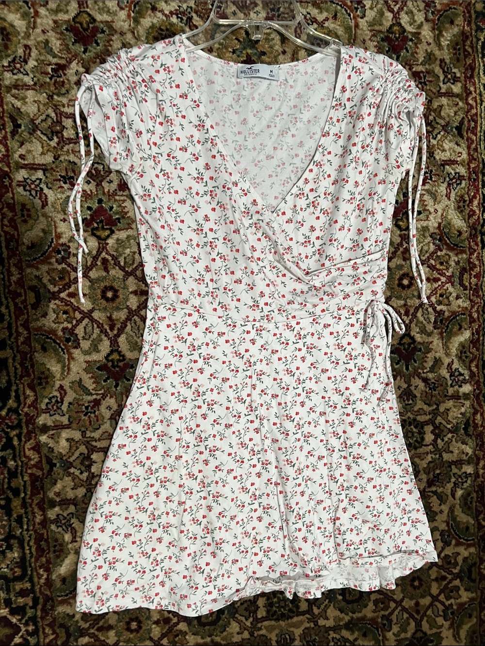 Hollister White Mini Wrap Dress with Red Floral Print
